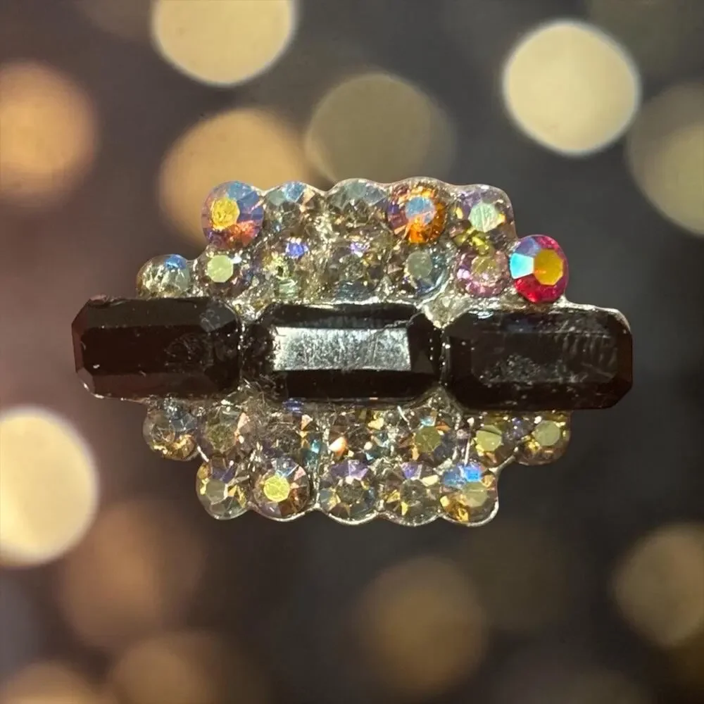 Vintage Aurora Borealis Rhinestone Bar Brooch Black Glass Atomic Mid Century